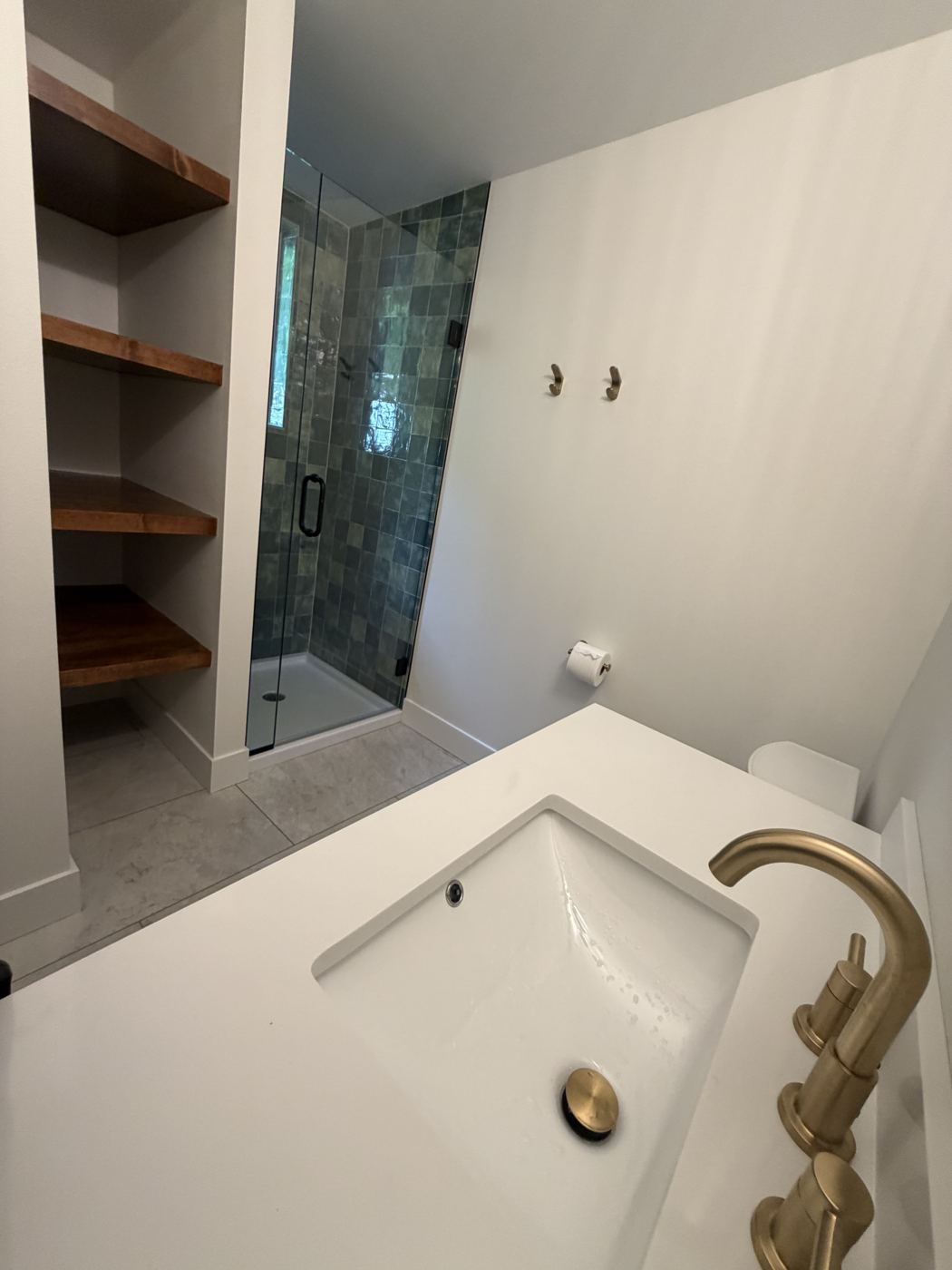 Curbless glass shower with open shelving